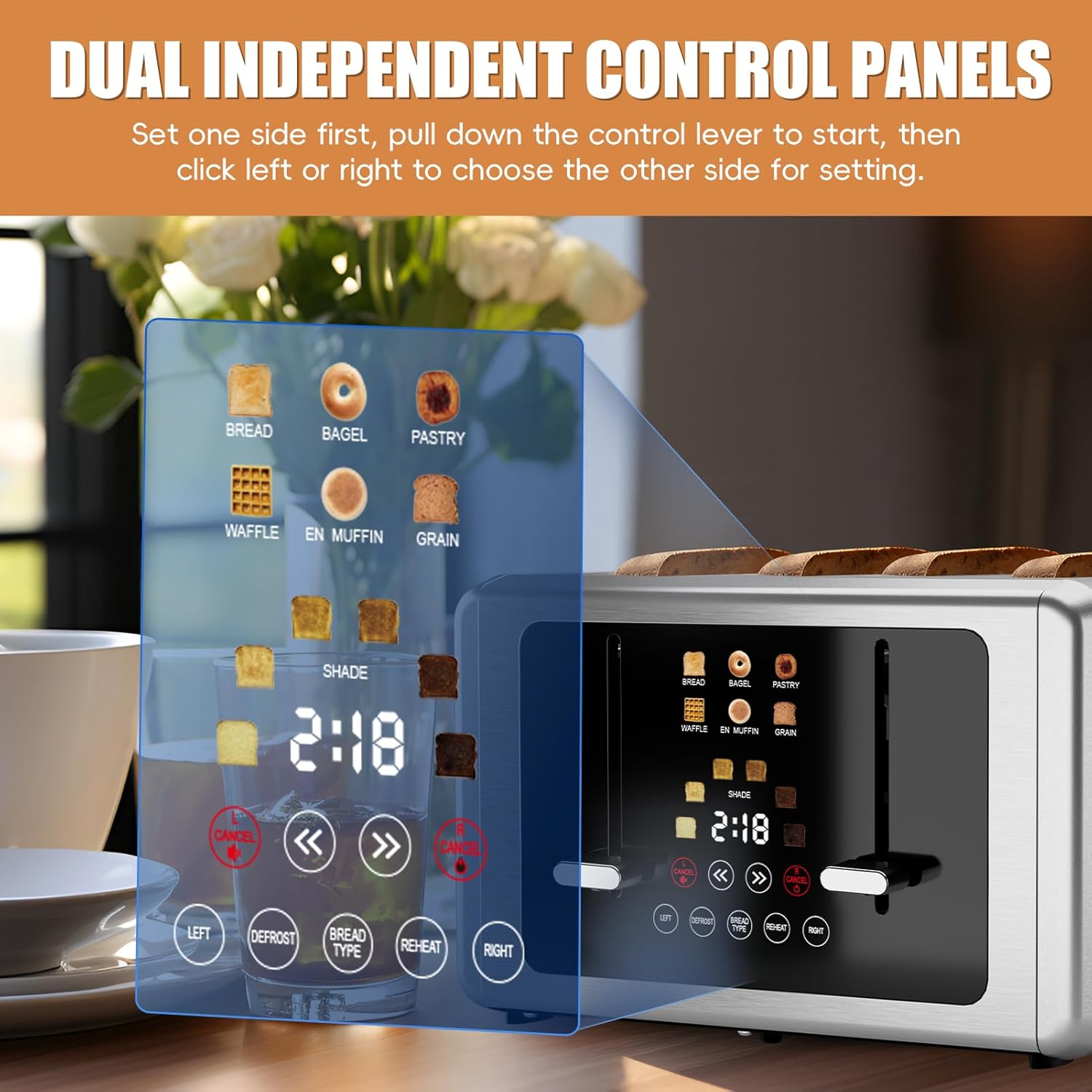 4 Slice Touch Screen Toaster, Stainless Steel Digital Timer, Dual Control Panel, Silver