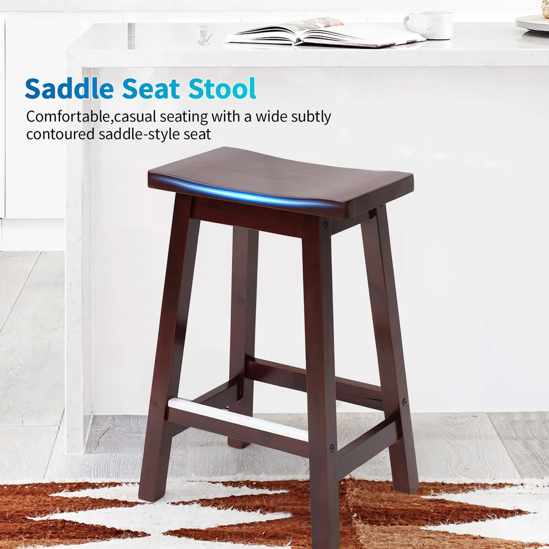 Bar Stools Set of 2 for Kitchen Counter Solid Wooden Saddle Stools Home Furniture Barstool, Brown