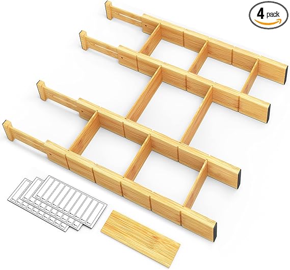 Bamboo Drawer Dividers with Inserts and Labels, Kitchen Adjustable Drawer Organizers, Expandable Organization for Home, Office, Dressers, 4 Dividers with 9 Inserts (Natural)