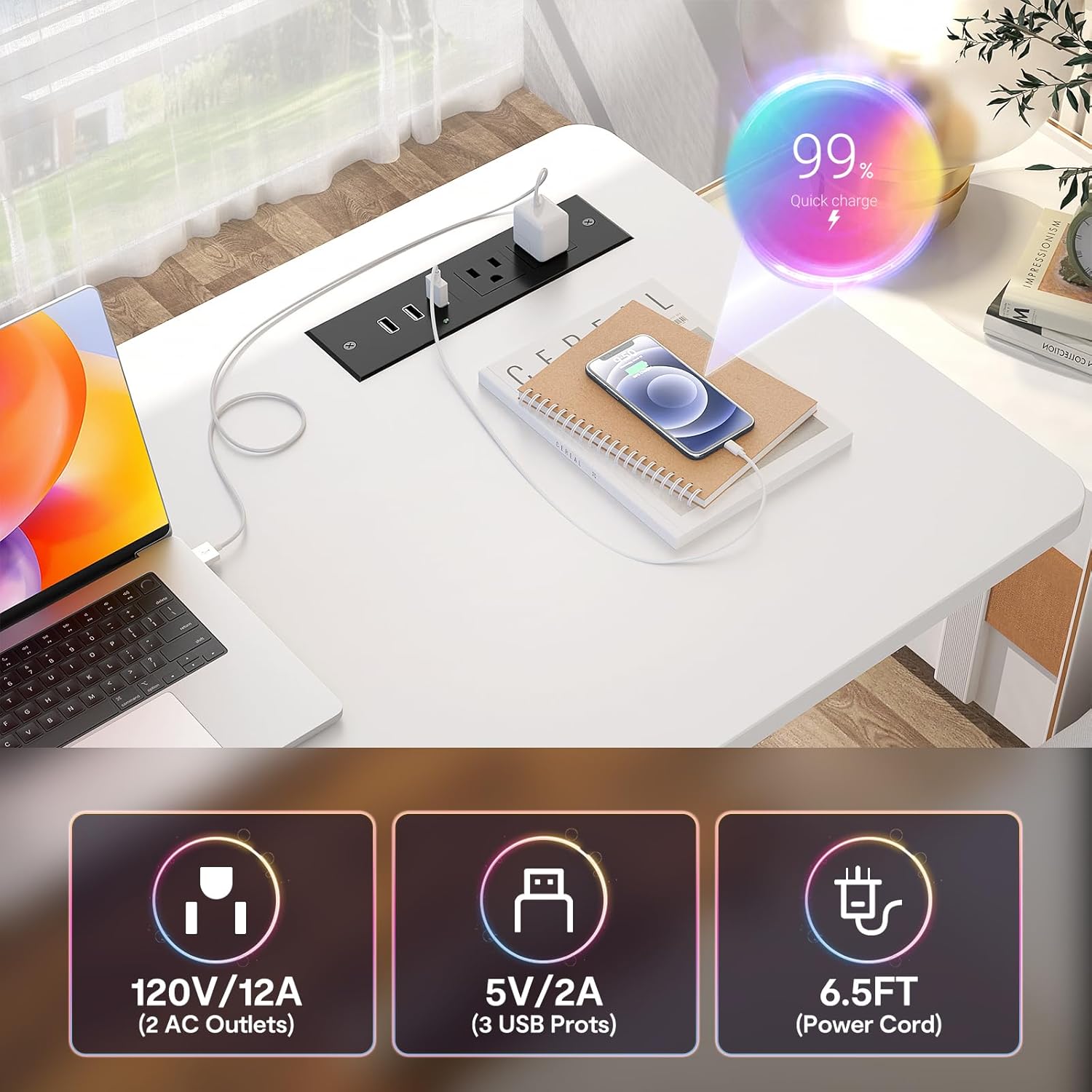 Height Adjustable Standing Desk with Power Outlets, Manual Stand Up Desk, White