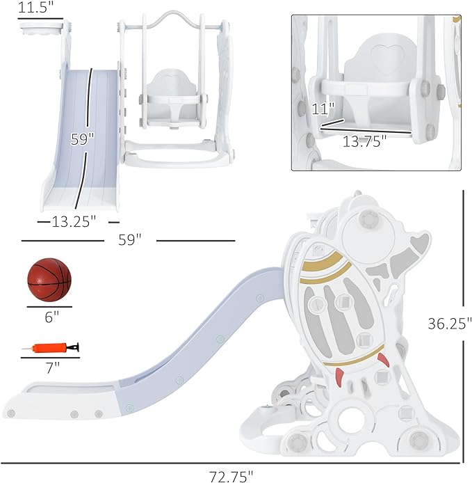 3 in 1 Toddler Swing and Slide Set, Kids Slide Playset with Climber, Basketball Hoop, Baby Indoor Playground, Space Theme, White and Gray