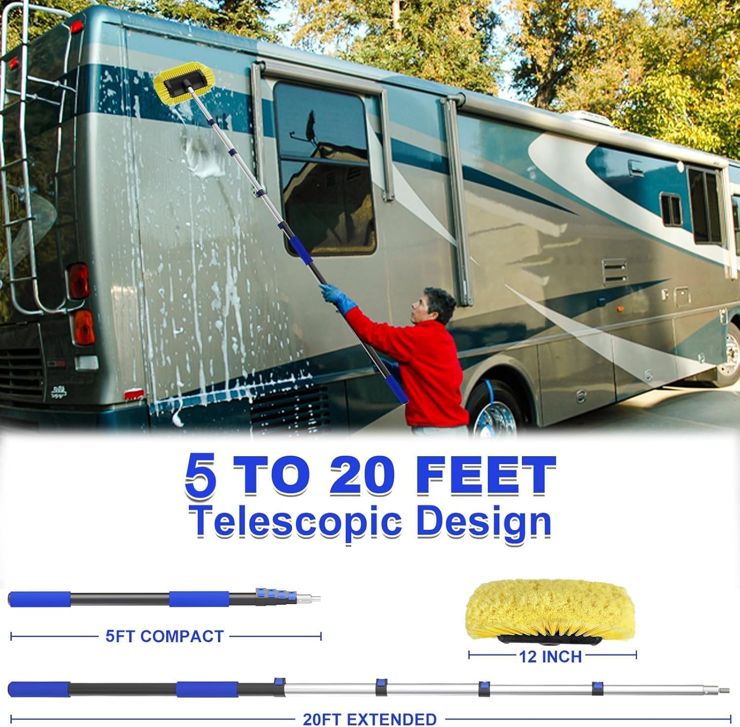 Reach Car Wash Brush with Long Handle, 12-Inch Soft Bristle Head, Blue