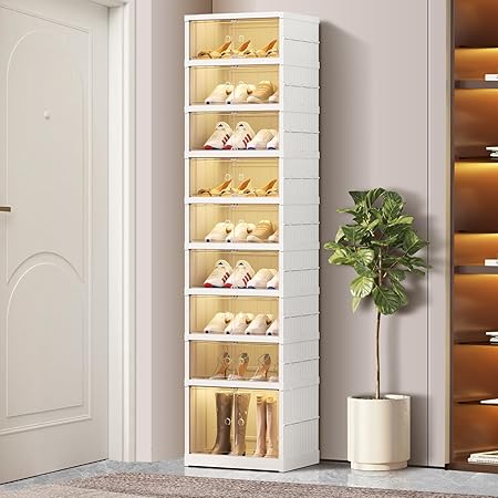 9-Tier Foldable Shoe Rack Organizer for Closet 18Pairs Plastic Shoe Shelf Collapsible Shoes Storage Box Clear Shoe Boxes Stackable with Door Easy Assembly Shoe Cabinet with Lids Large