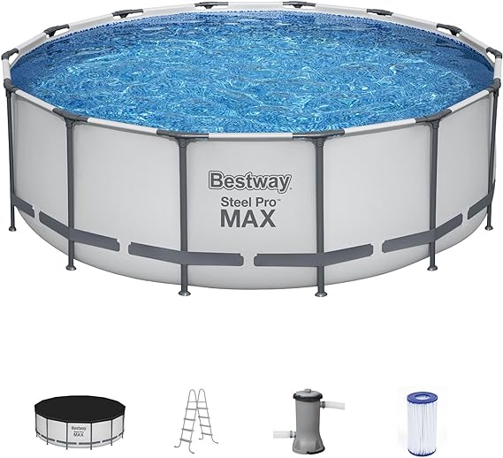 Steel Pro MAX Round Metal Frame above Ground Outdoor Swimming Pool Set with 1,000 Filter Pump, Ladder, and Cover, Gray