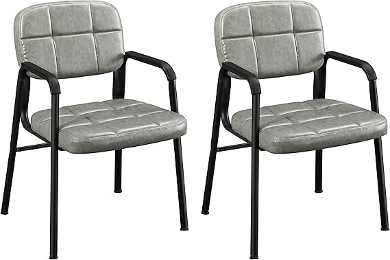 1-Piece Office Guest Reception Chairs Leather Waiting Room Executive Office Chair Ergonomic Upholstered Armchair with Metal Frame, Leather Seat, Gray
