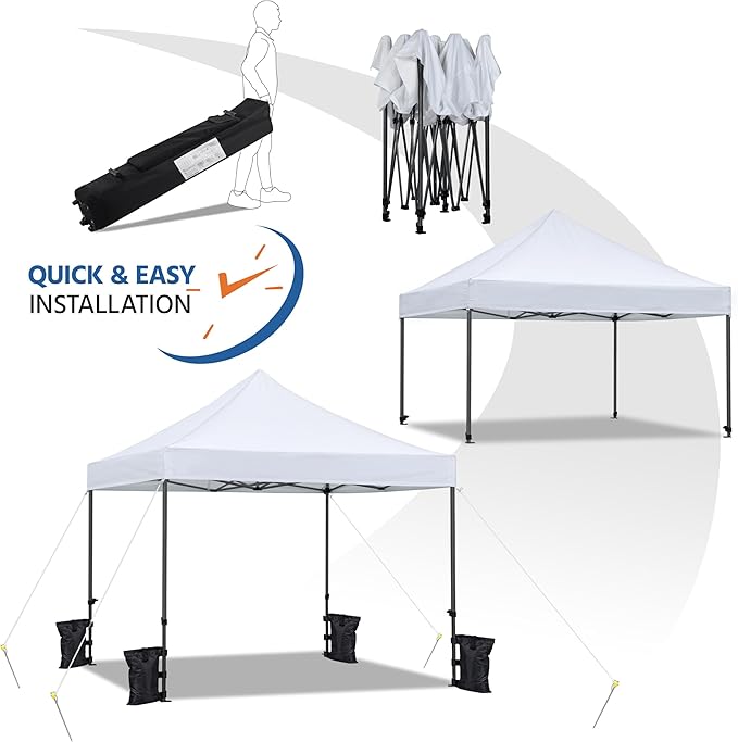 Canopy Tent, Commercial Instant Heavy Duty Canopy, 500D Waterproof Adjustable Canopy with Wheeled Carry Bag, 4 Sandbags and 4 Stakes (White)