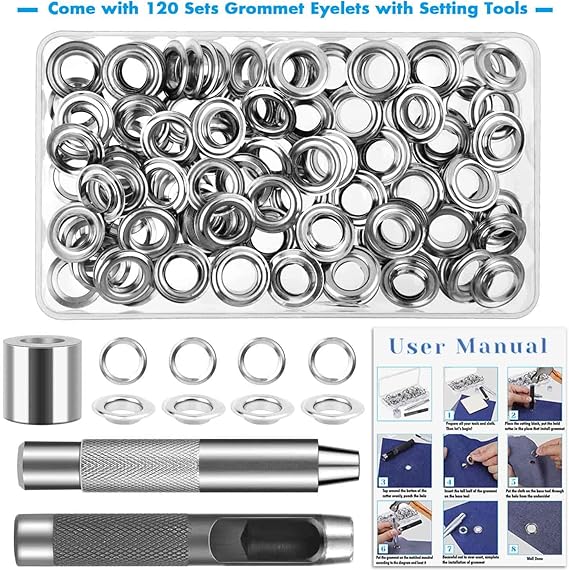 120 Sets Grommet Tool Kit, Cridoz Grommet Eyelets Kit with Setting Tools and Storage Box for Fabric, Tarps, Curtains