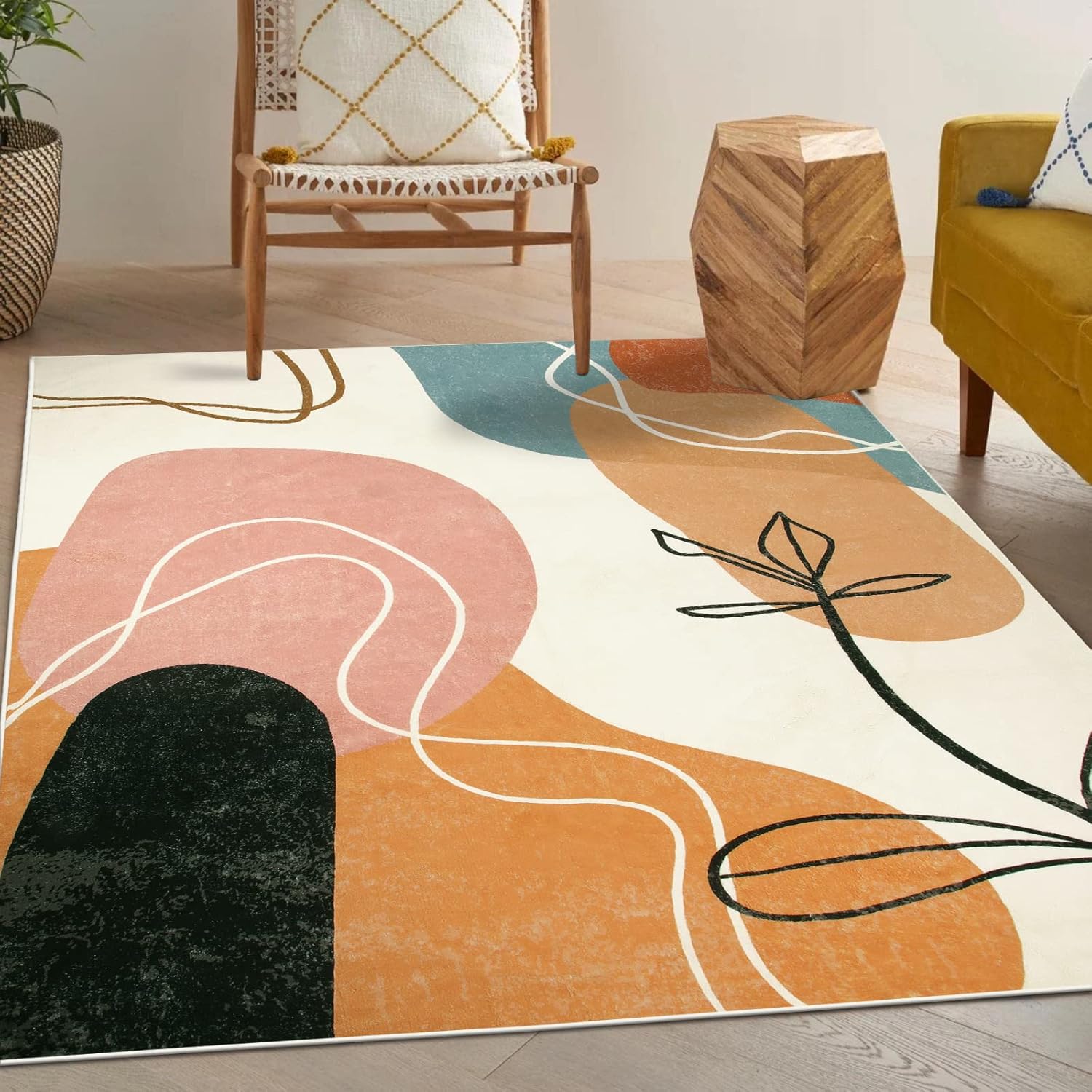 Boho Art 9'x12' Area Rug, Machine Washable Rugs, Minimalist Abstract Throw Mat, Non-Slip Mid Century Modern Aesthetic Carpet