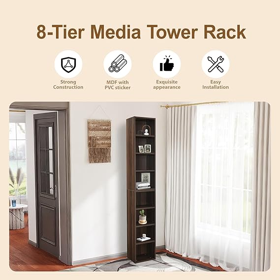 8-Tier Media Tower Rack CD DVD Slim Storage Cabinet with Adjustable Shelves, Tall Narrow Bookcase Display Bookshelf for Home Office (Walnut)