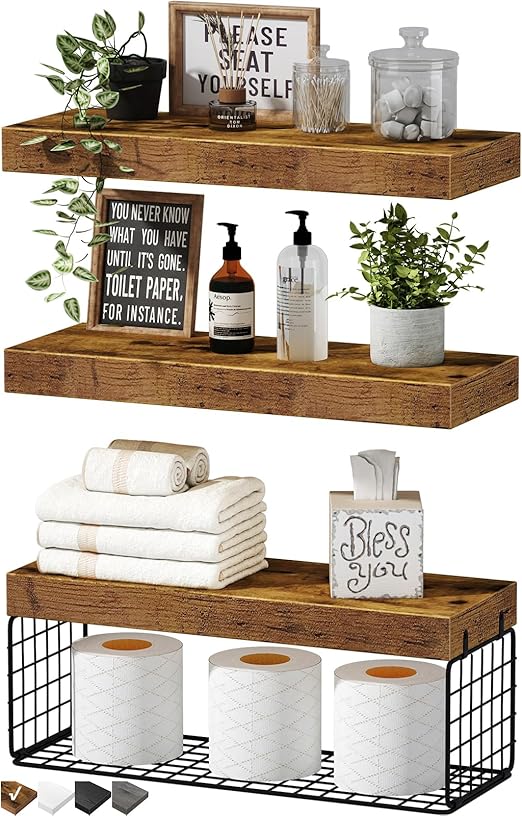 Bathroom Shelves Over Toilet Wall Mounted Floating Shelves Farmhouse Shelf Toilet Paper Storage Small Set of 3, Rustic Brown