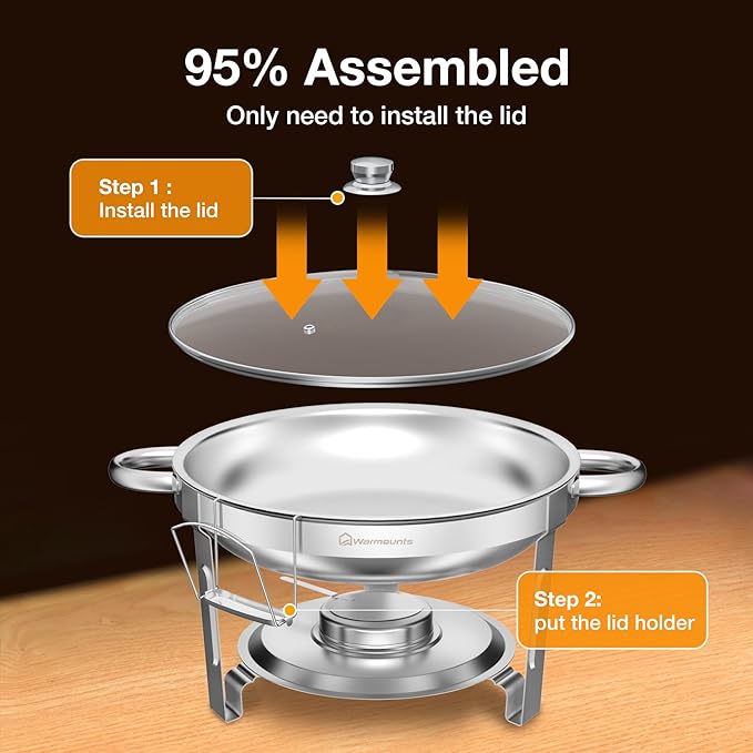 Chafing Dishes for Buffet with Glass Lid & Lid Holder - Set of 3