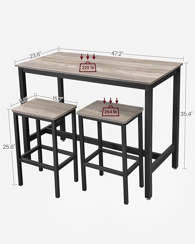 Bar Table Set, Bar Table with 2 Bar Stools, Dining table set, Kitchen Counter with Bar Chairs, Industrial for Kitchen, Living Room, Party Room, Greige and Black