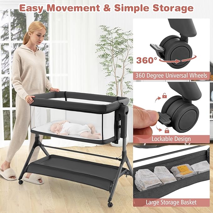 Bassinet, 3 in 1 Rocking Bedside Bassinet w/Storage Basket, Universal Wheels, Adjustable Height, Mattress, Net & Portable Bag, Carriable Crib Baby Bassinets Bedside Sleeper (Gray)