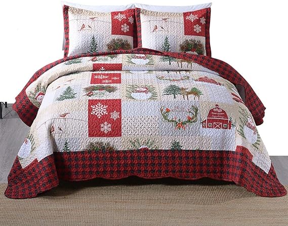3 Piece Christmas Quilt Set, Rustic Lodge Deer Quilt Bedspread Throw Blanket Lightweight Bedspread Coverlet Comforter Set (King)