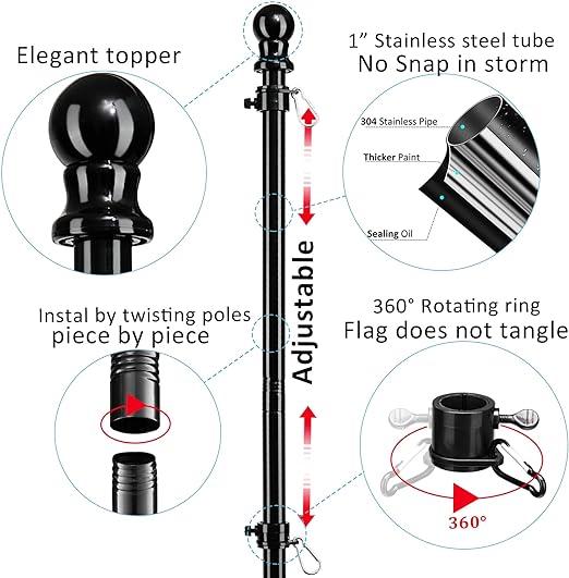 Black Flag Poles for Outside House inground - Metal Outdoor Yard House in Ground Flag Pole Holder for Porch with 2 Pronges Base - American Flag with Pole for House