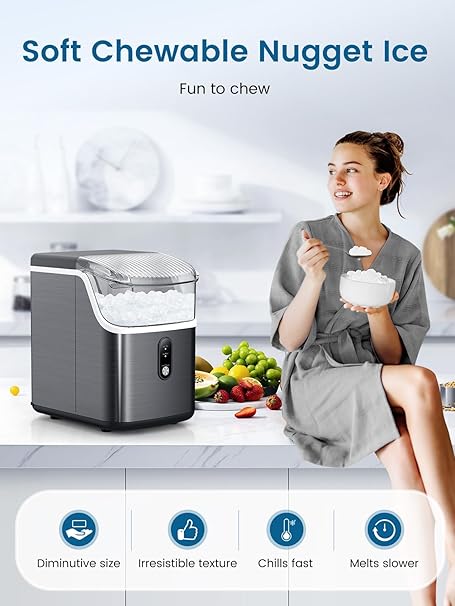 Nugget Ice Makers Countertop, Self-Cleaning Pebble, Soft Chewable Pellet Ice, Stainless Steel Black