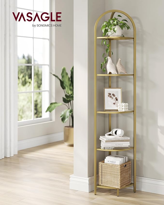 5-Tier Corner Shelf Stand, Corner Bookshelf, Bathroom Organizer, Plant Stand, Tempered Glass, Steel Frame, Modern Style, Metallic Gold