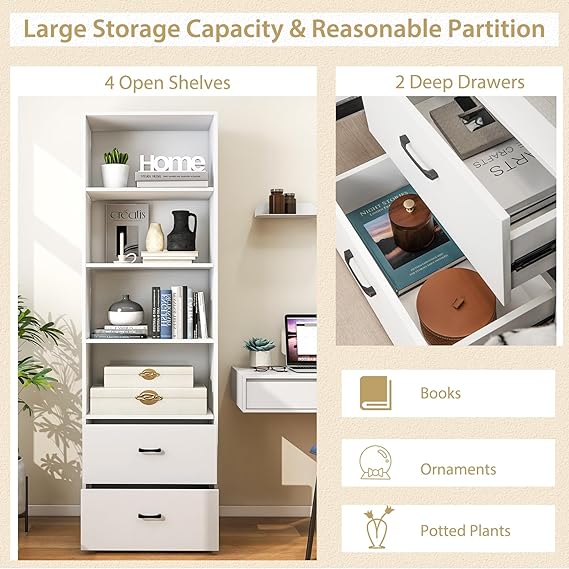 4 Shelf Bookcase with Drawers, Tall Bookshelves and Bookcases, Vertical Bookshelf Tower, Wood Storage Shelves, Modern Book Shelf for Bedroom, Living Room, Home Office