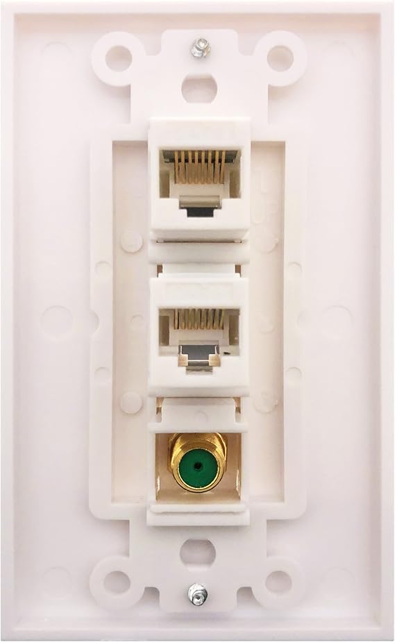 Cat6 Coax 1 Gang Wall Plate, 2 x Cat6 Female to Female RJ45 Ethernet,1 x 3Ghz Brass Plated with Gold F81 Coax