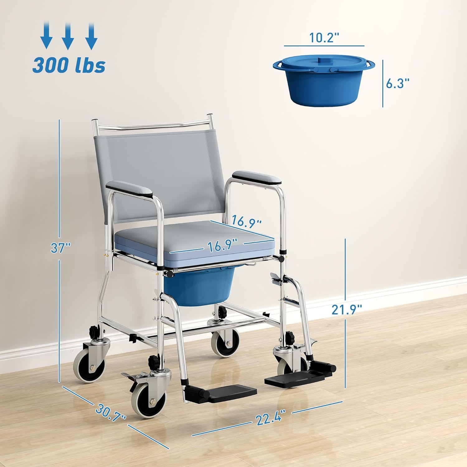3 in 1 Shower Commode Wheelchair with 4 Lockable Wheels