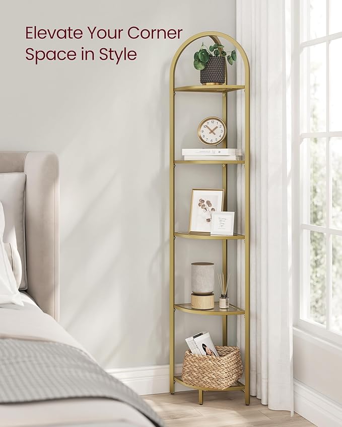 5-Tier Corner Shelf Stand, Corner Bookshelf, Bathroom Organizer, Plant Stand, Tempered Glass, Steel Frame, Modern Style, Metallic Gold