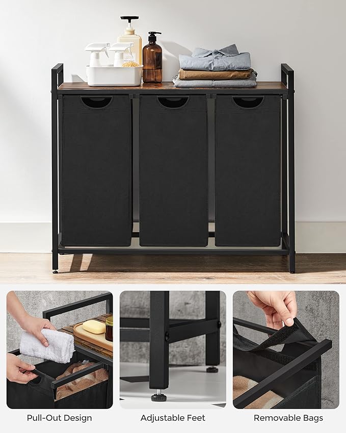 Laundry Hamper, Laundry Basket, Laundry Sorter with 3 Pull-Out and Removable Bags, Shelf, Metal Frame, Rustic Brown and Black