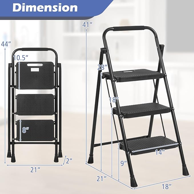 Ladder Portable & Lightweight Step Ladder w/Safety Handrails & Wide Anti-Slip Pedals, Metal Folding 3 Step Stool Heavy Duty, Black