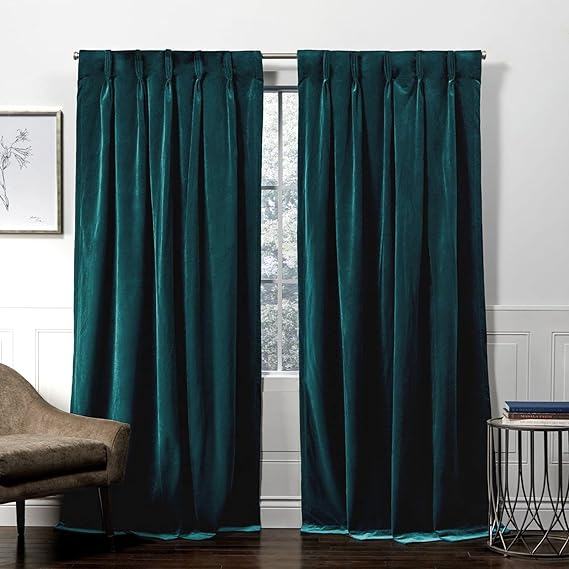 Velvet Heavyweight Pinch Pleat Curtain Panel Pair, Teal