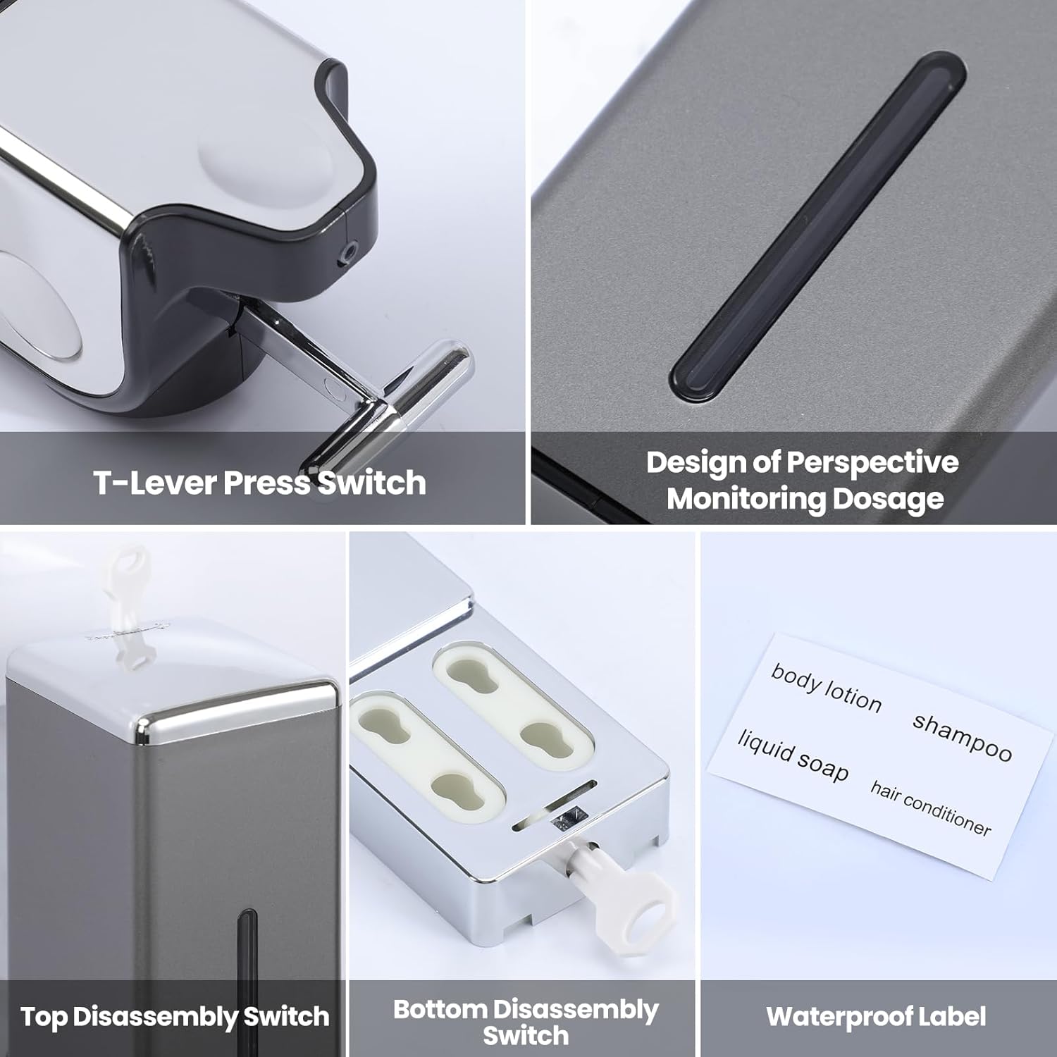 3-in-1 Quadrate Dispensers, No Drilled Wall Mounted Distributor,Hotel,Bathroom,Home (Triple, Grey)