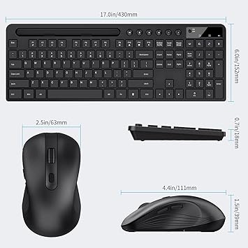 Wireless Keyboard and Mouse Combo,Ergonomic Wireless Computer Keyboard with Phone Tablet Holder, Silent Mouse with 6 Button, Compatible with MacBook, Windows (Black)