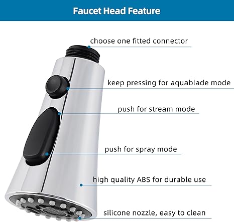 Universal Kitchen Faucet Head Replacement CHROME Finish with 15 Adapter Kit Compatible with Kohler/Moen/Delta Faucet, 3 Function Pull Down Sink Faucet Spray Head