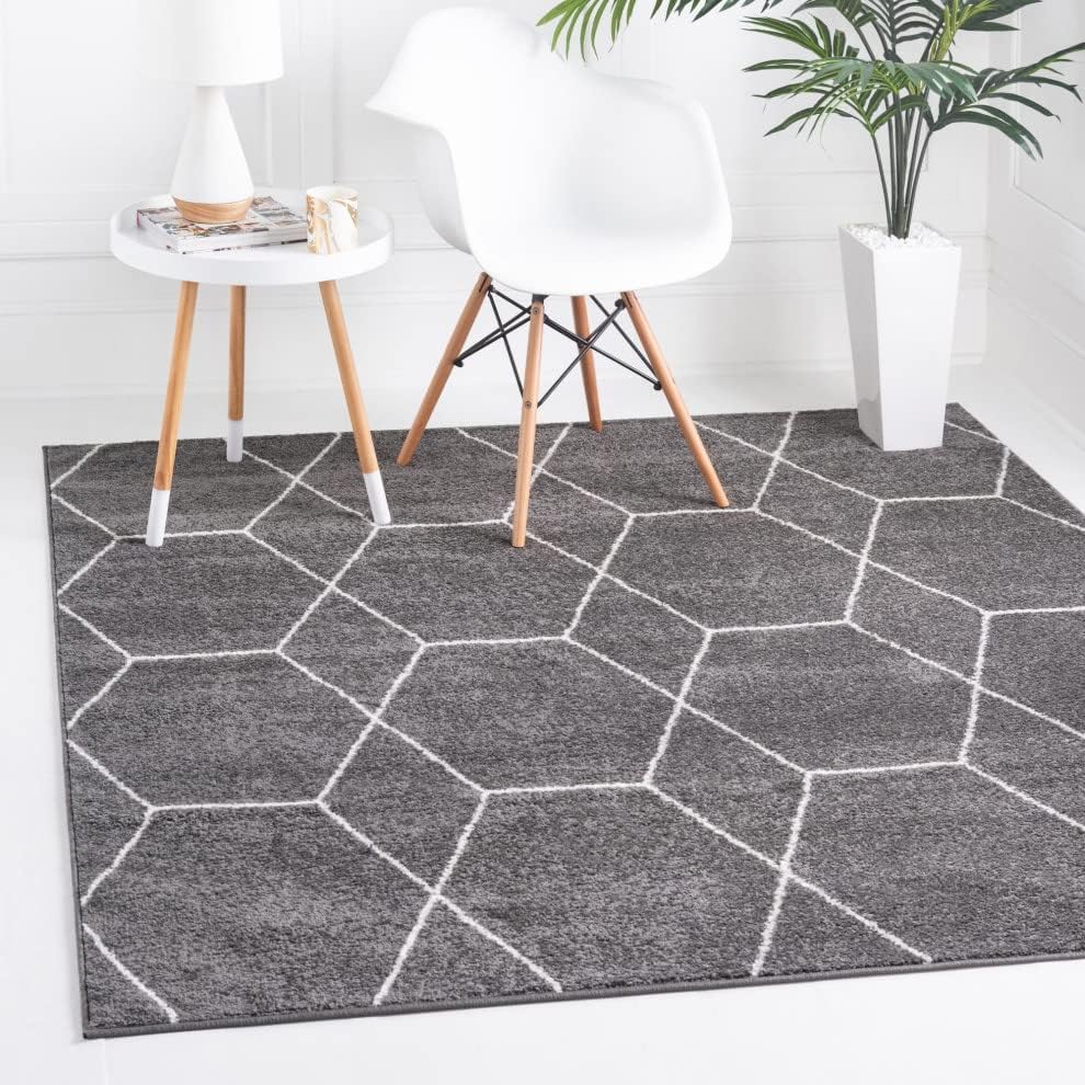 Trellis Frieze Collection Area Rug - Geometric (4' Square, Dark Gray/ Ivory)