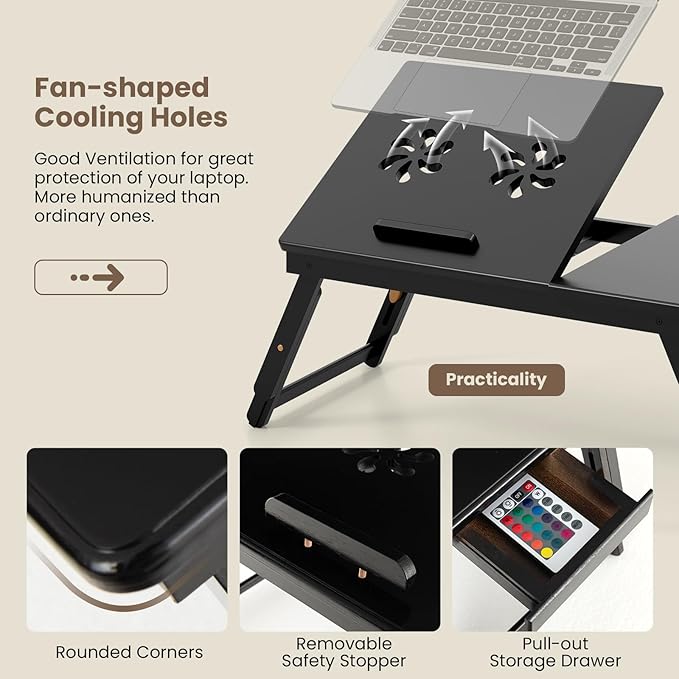 100% Bamboo Laptop Desk with Tilting Top & Drawer, Height Adjustable Portable Breakfast Serving Bed Tray with Heat-Dissipation Holes, Folding Bed Table for Surfing Reading Writing Eating