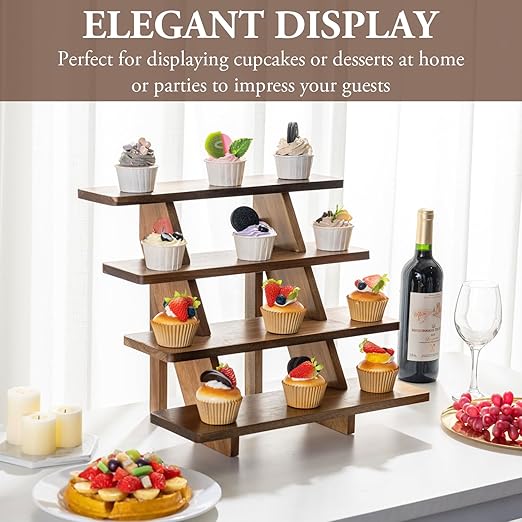 4 Tier Premium Acacia Solid Wood Cupcake Display Stand, Rustic Burnt Wooden Step Tiered Tabletop Dessert Rack, Party Table Decoration or Retail Riser