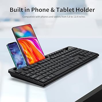 Wireless Keyboard and Mouse Combo,Ergonomic Wireless Computer Keyboard with Phone Tablet Holder, Silent Mouse with 6 Button, Compatible with MacBook, Windows (Black)