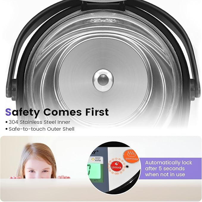 Instant Electric Hot Water Boiler and Warmer, 5-Liter LCD Water Pot with 5 Stage Temperature Settings, Safety Lock to Prevent Spillage, Stainless Steel Hot Water Dispenser
