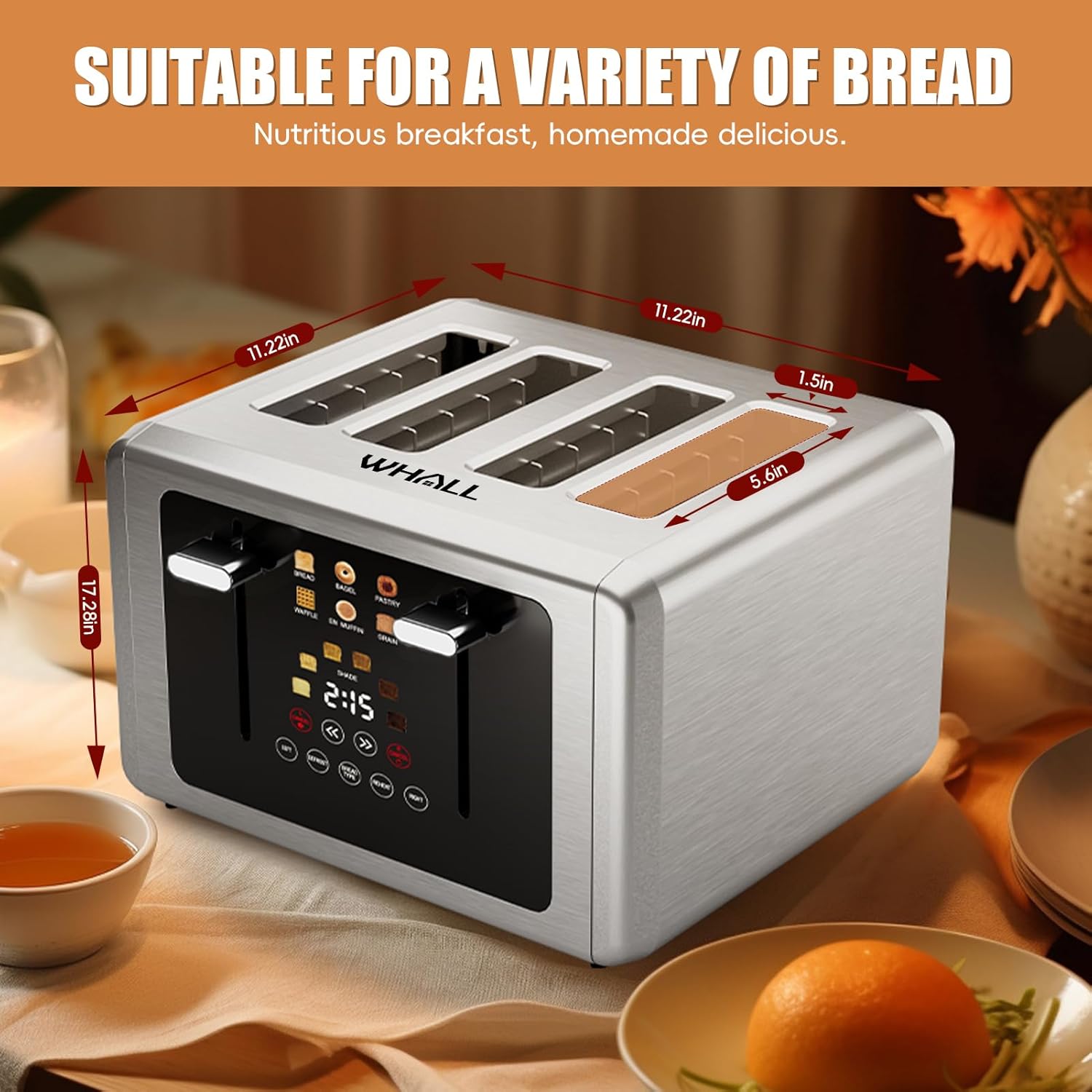 4 Slice Touch Screen Toaster, Stainless Steel Digital Timer, Dual Control Panel, Silver