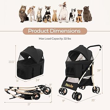 3-in-1 Pet Stroller, Portable Folding Dog Cat Stroller with Removable Car Seat Carrier, Adjustable Canopy, Zippered Mesh Entry and Storage Basket, Dog Stroller for Small or Sized Dogs