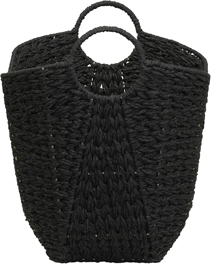 Black Paper Rope Basket with Handles, Natural Woven Wicker Storage Basket