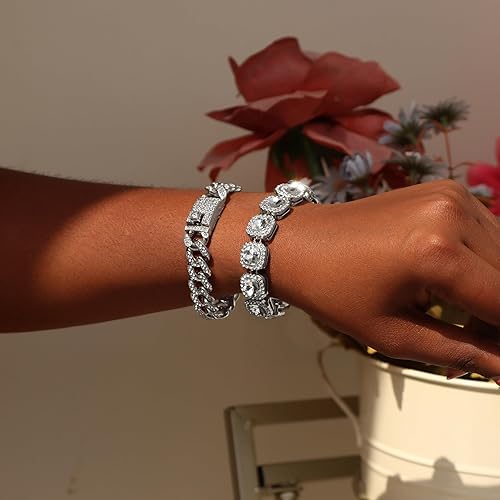 4PCS Gold Bracelets for Women Silver Clustered Tennis Bracelet for Women Heart Round Diamond Cuban Bracelet Layered Link Bracelet Set Fashion Jewelry for Women Set