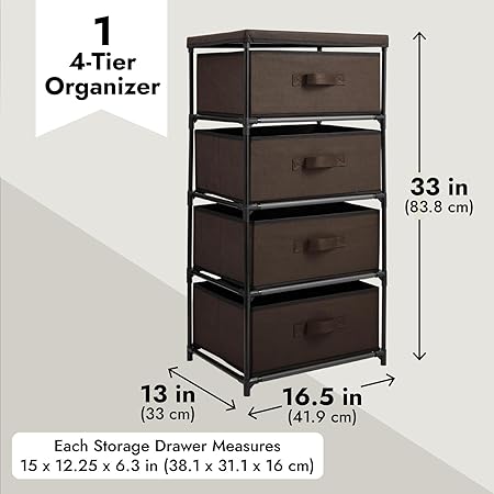 4-Tier Tall Closet Dresser with Drawers - Clothes Organizer and Small Fabric Storage for Bedroom (Dark Brown)