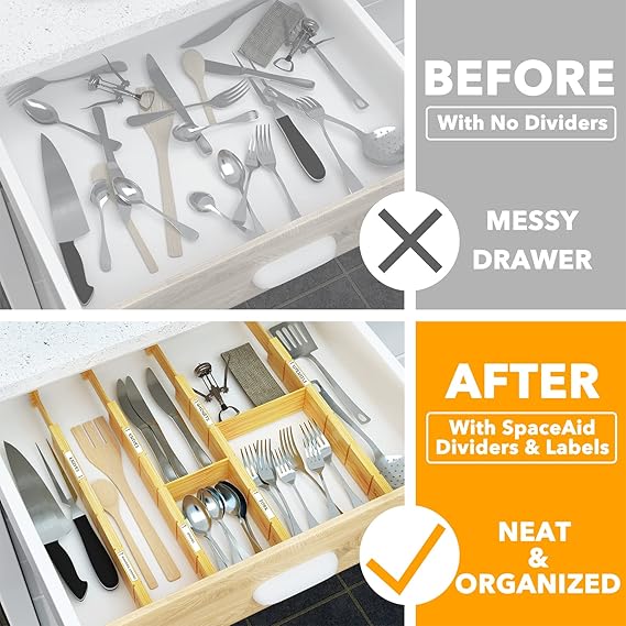 Bamboo Drawer Dividers with Inserts and Labels, Kitchen Adjustable Drawer Organizers, Expandable Organization for Home, Office, Dressers, 4 Dividers with 9 Inserts (Natural)