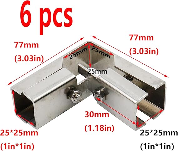 6 Sets 1 Inch Square Tube Clamp Connector,3-Way Square T Tube Fitting,Stainless Steel Square Tube Clamps Joint Chain Link Fence Clamp for 25mm Square Pipe,Thickness 1.8mm