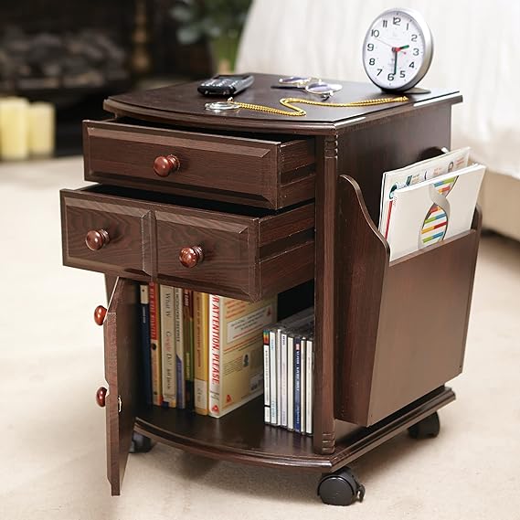 Multi Storage Mahogany Finish Companion Side Table with Rolling Wheels