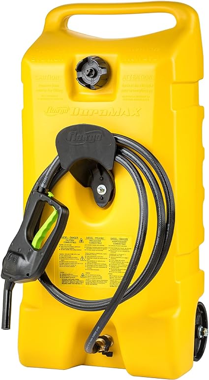 Flo N' Go Duramax 14 Gallon Portable Diesel Gas Fuel Tank Container Caddy with LE Fluid Transfer Siphon Pump and 10-Foot Long Hose, Yellow