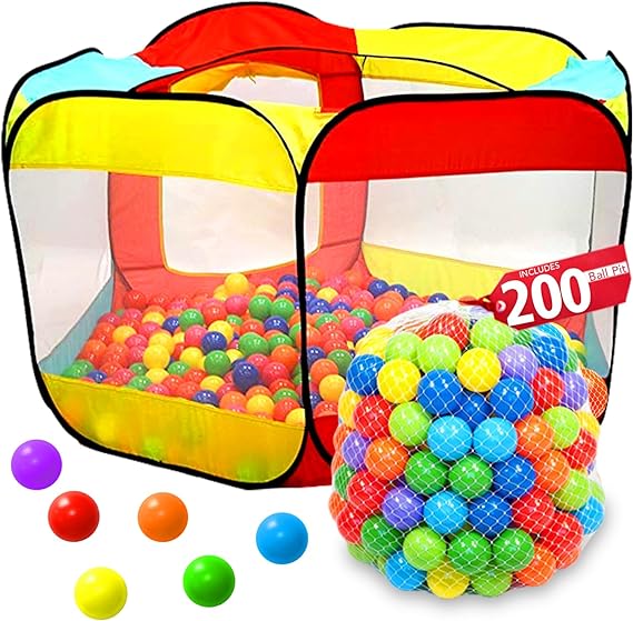 Ball Pit Play Tent for Kids | Large Ball Pits for Toddlers, and Babies | Fill Playhouse with Plastic Balls Idea | Indoor & Outdoor Foldable Baby Tent (200 Balls Included)