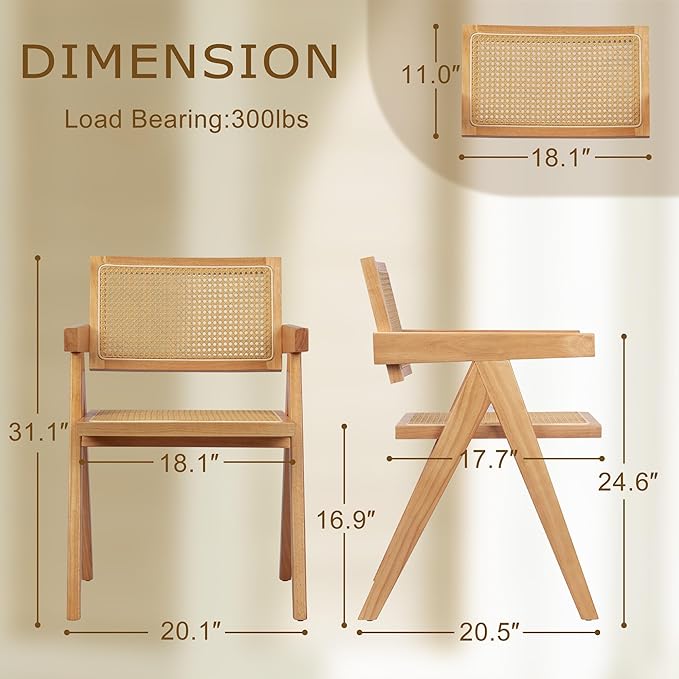 Rattan Dining Chairs 1-Piece, Wooden Armchair Cane Kitchen Chairs with Arms, Light Walnut Color