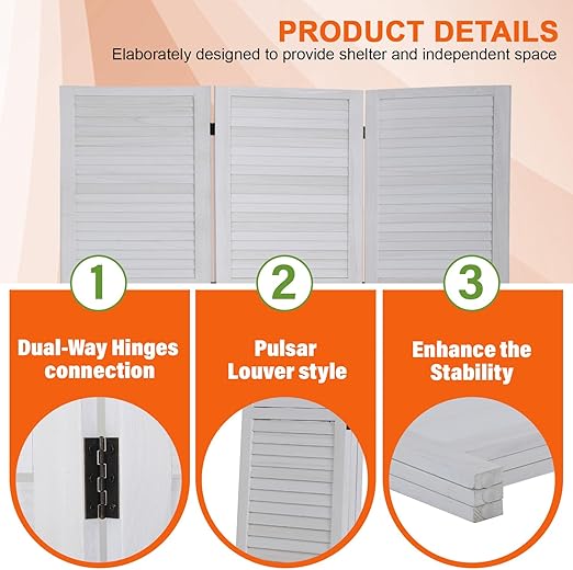 3 Panels Room Divider Rustic Wood Privacy Screens Folding Portable Partition Screen Freestanding Wall Home Furniture for Bedroom White