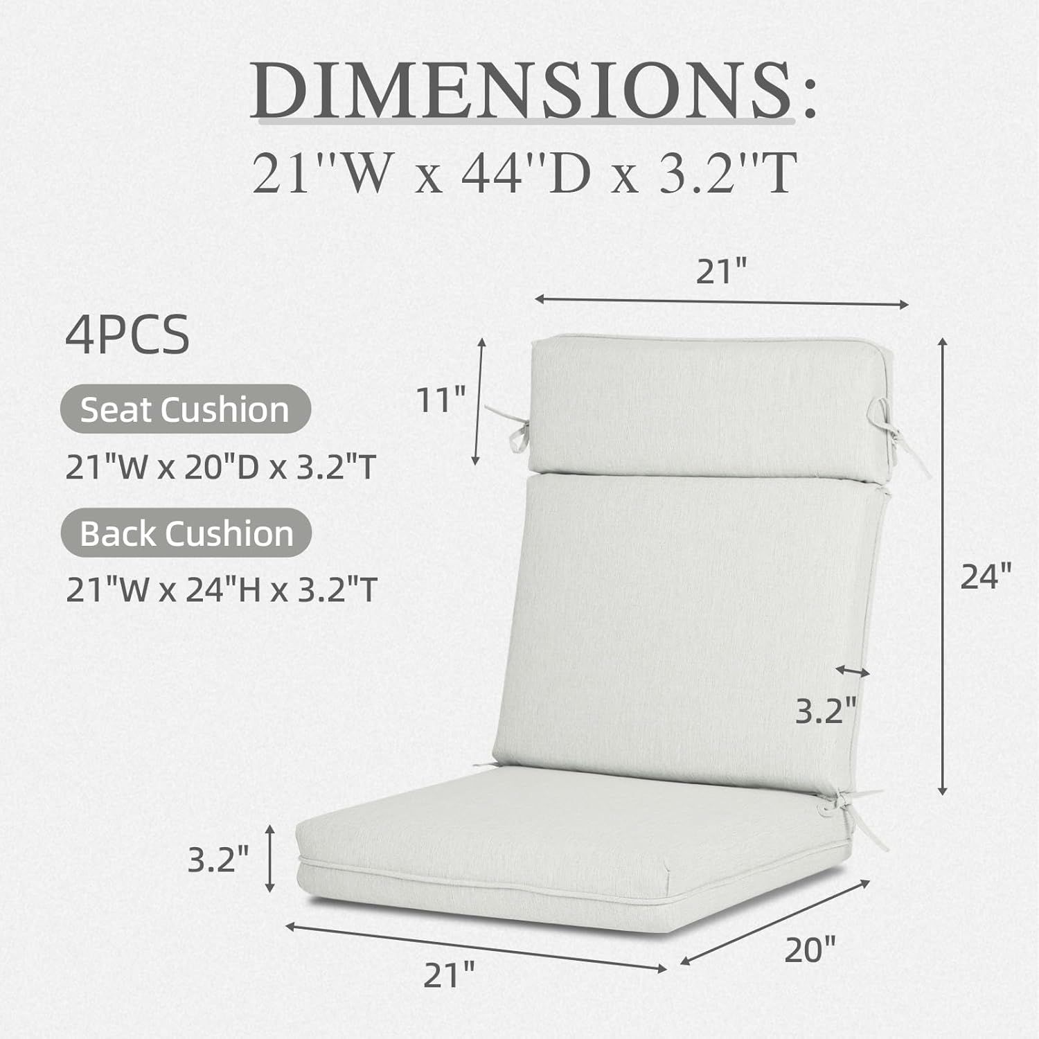 Polyester High Back Segmented Outdoor Chair Cushion, Set of 4, Grey