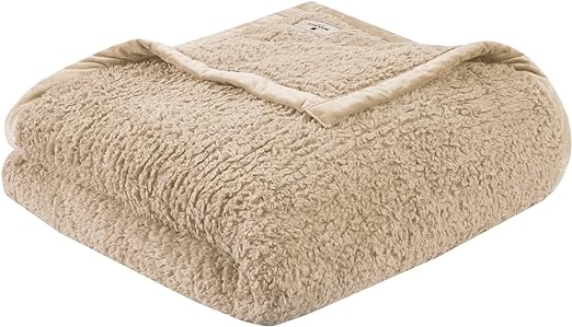 Burlington Berber Blanket Super Soft, Cozy Lightweight Cover with Luxrurious Velvet Binding, Modern Trendy All Season Bedspread Bedding-Set, Full/Queen, Tan